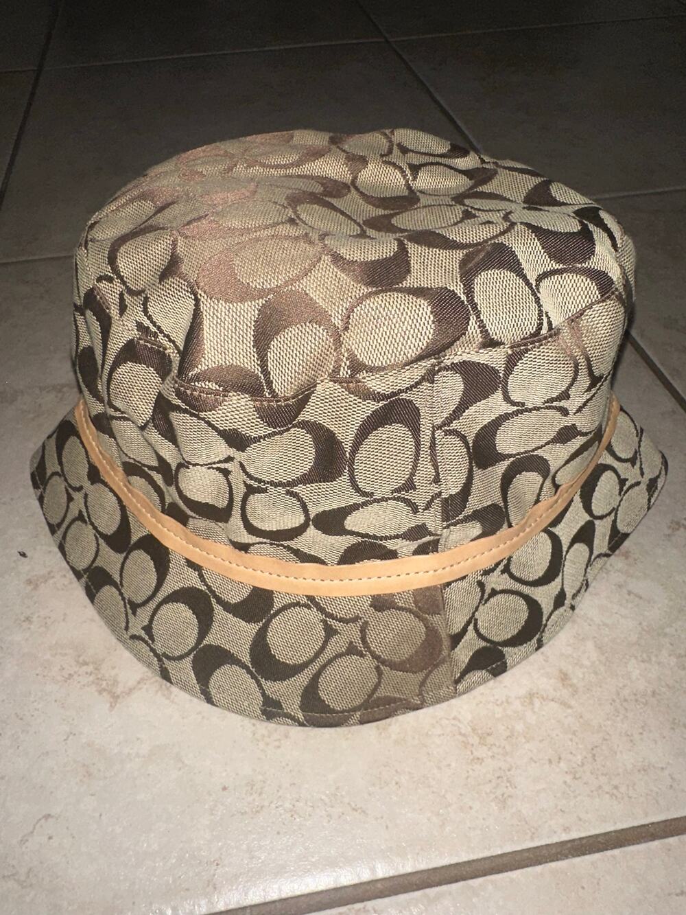 Coach Signature C Jacquard Bucket Hat M/L Brown Tan Leather Trim Orange Lining